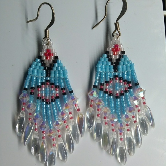 🔥SOLD🔥 at Comanche Pow Wow Handmade Swarovski Turquoise Pink Earrings - Picture 3 of 7